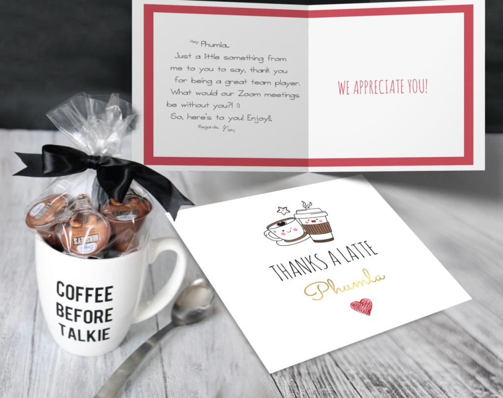 A Valentine's Day card that reads: Thanks A Latte Phumla, with the picture of cute coffee cups.