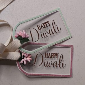 A 3D Diwali Parcel Tag handmade with glitter for Diwali 2024