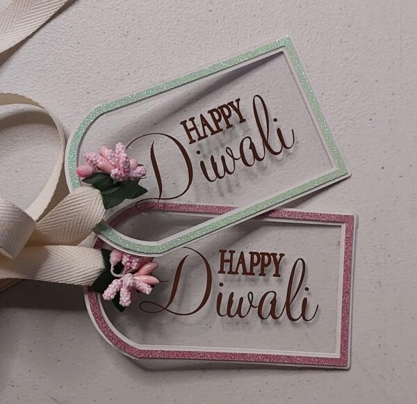 A 3D Diwali Parcel Tag handmade with glitter for Diwali 2024